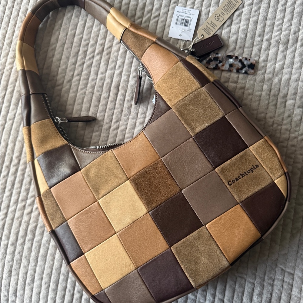 NWT Coachtopia Alter Ego Crescent Shoulder Bag Brown Checkerboard Leather Suede